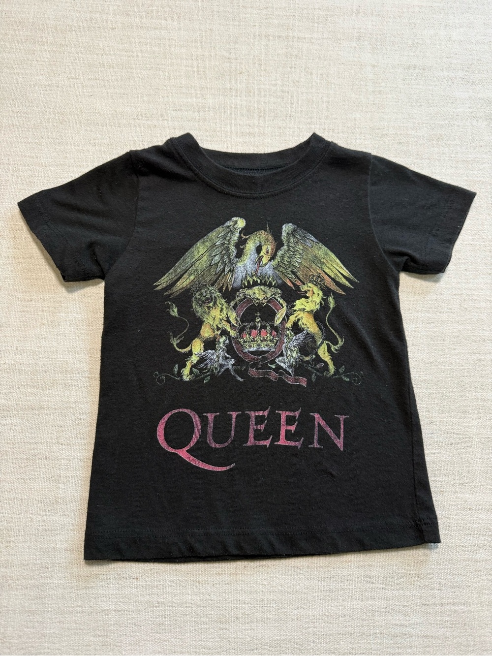 Queen Black Kids Tee with Multicolor Crest & Pink QUEEN Lettering